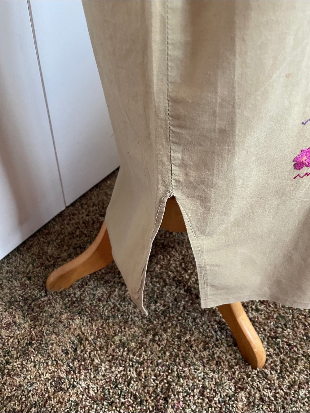Vintage Hand Embroidered Khaki Mexican Puebla Maxi Dress - Picture 10 of 12